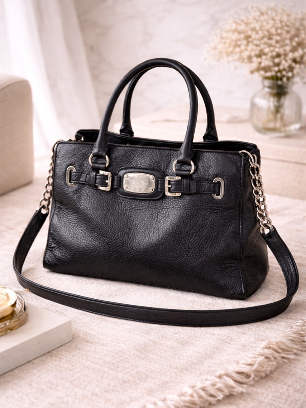 Michael Kors Black Pebbled Leather Satchel Silver Chain Strap Shoulder Bag